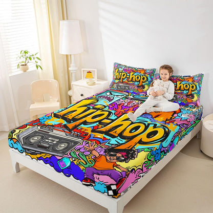 Feelyou Hippie Graffiti Sheets Hip Hop Radio Rock Bed Sheet Set Kids Boys Colorful Graffiti Pattern Bedding Set Watercolor Art Fitted Sheet Bedroom Collection 3Pcs Full Size