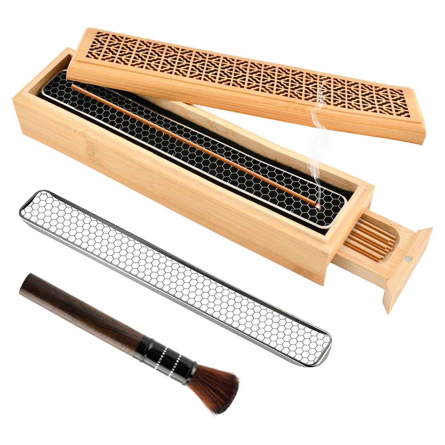 Incense Holder Burner, Coffin Double Layer Wooden Ash Catcher with Storage Drawer & Lid, Includes Zen Brush and Incense Stand for Meditation, Yoga Room, Home, Office