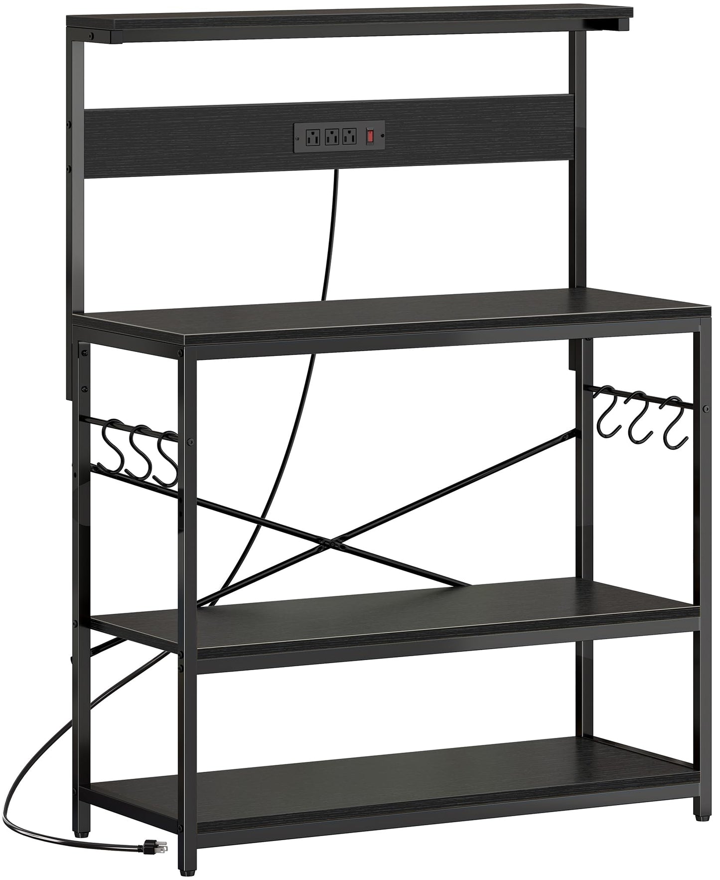 SUPERJARE Kitchen Bakers Rack with Power Outlet, Coffee Bar Table 4 Tiers, Kitchen Microwave Stand with 6 S-shaped Hooks, Storage Shelf Rack for Spices, Pots and Pans - Rustic Brown