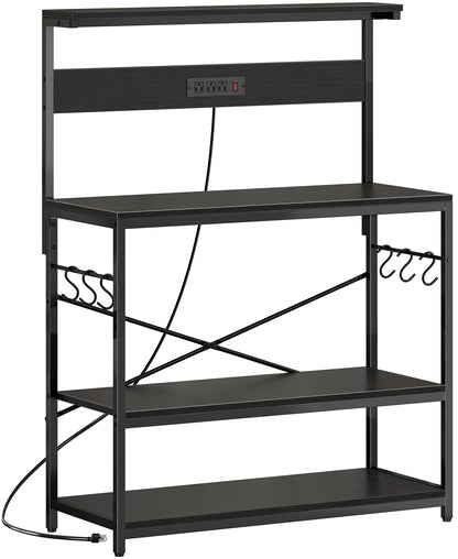 SUPERJARE Kitchen Bakers Rack with Power Outlet, Coffee Bar Table 4 Tiers, Kitchen Microwave Stand with 6 S-shaped Hooks, Storage Shelf Rack for Spices, Pots and Pans - Rustic Brown
