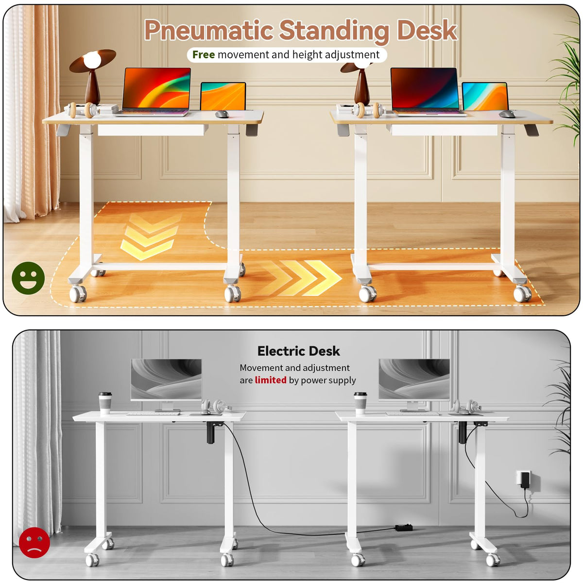 Liftsync Mobile Standing Desk, 35inch Small Rolling Table with Drawer, Height Adjustable Sit Stand Workstation, White Portable Laptop Cart with Hidden Wheels or Lockable Casters