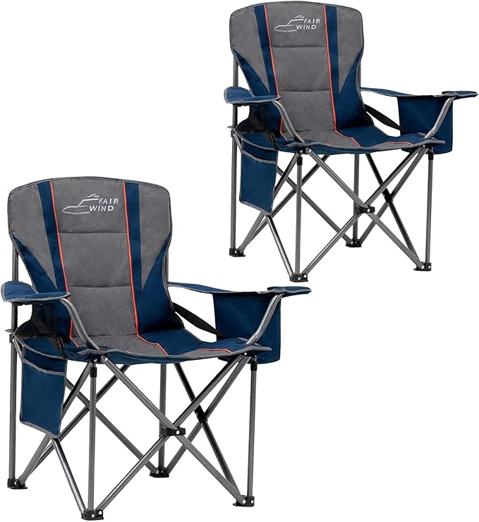 FAIR WIND 2 Pack Heavy Duty Camping Chair, Oversized Padded Folding Chair for Big and Tall (450lbs), Extra Wide Seat with Integrated Cooler & Storage Pocket, Adjustable Lumbar Support for Outdoor