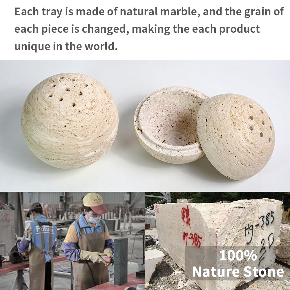 100% Natural Travertine Spherical Incense Burner, Manual Incense Burner Holder, Ideal for Smudging, Handmade Stone Incense Burning for Ritual Purpose Home Decor