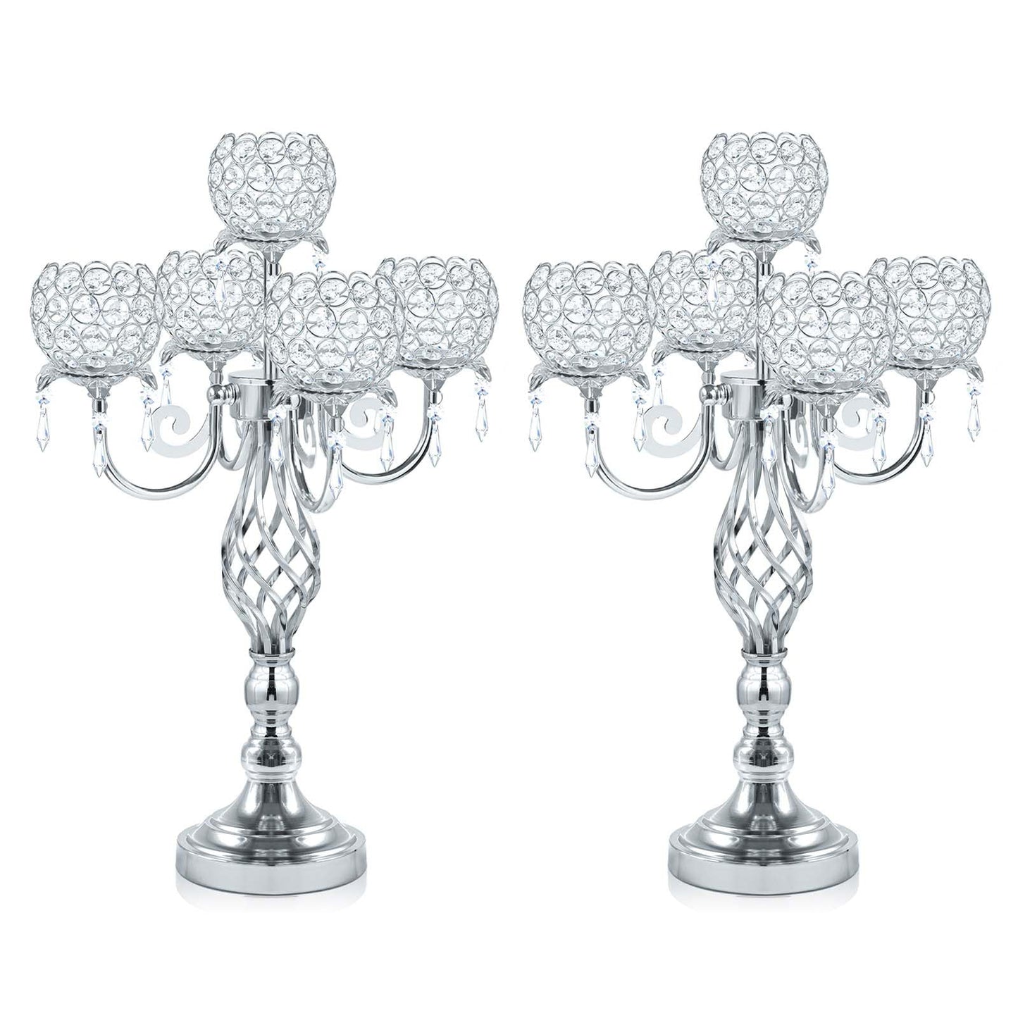 Kehail 5-Arm Crystal Candelabra Centerpiece 23.2" Tall - Elegant Candle Holder Stand with Crystal Bowl, Chic Table Decor for Weddings, Parties, Anniversary & Home Decoration (2, Silver)