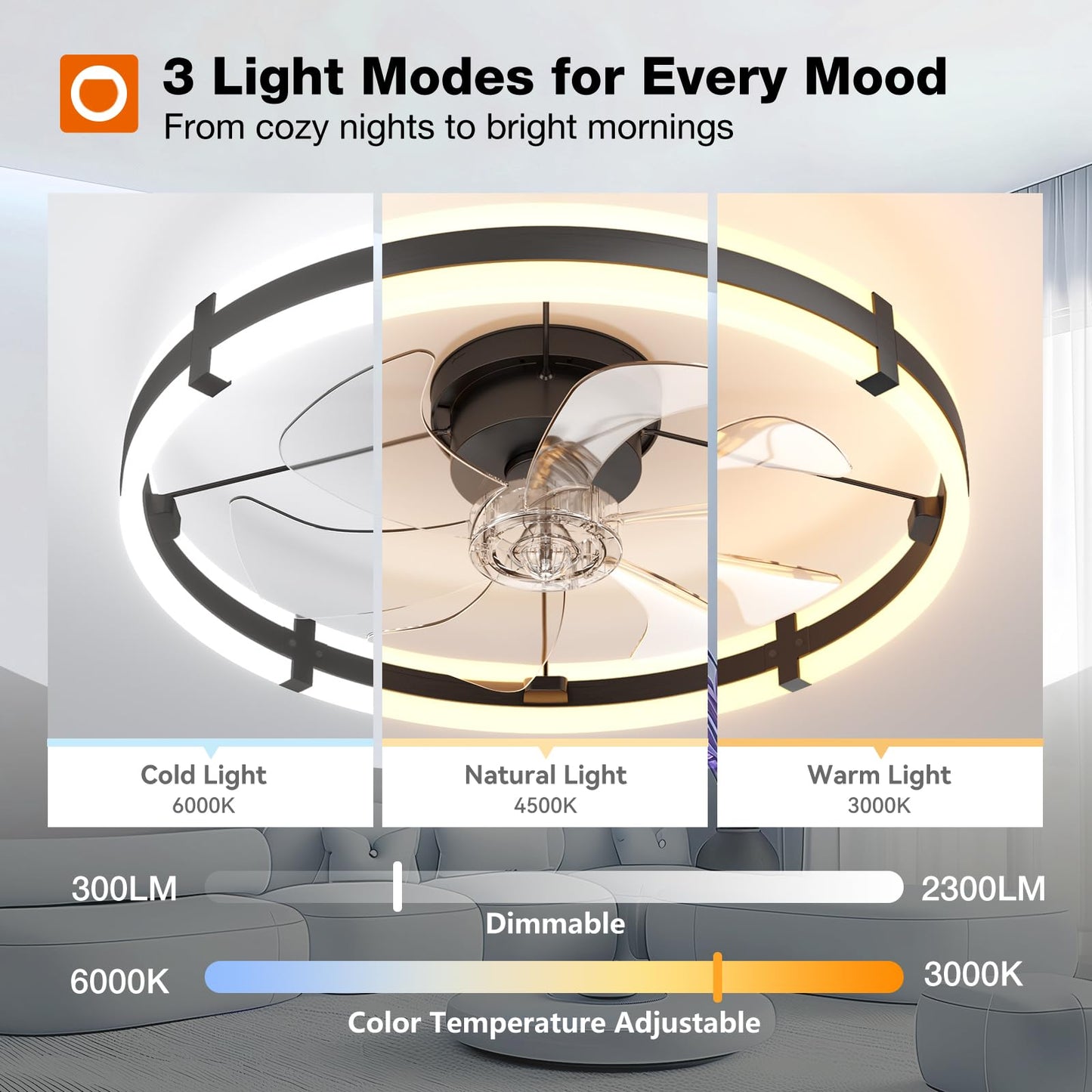 addlon 24'' Ceiling Fans with Lights and Remote, Low Profile Flush Mount Ceiling Fan with Light, 3000-6000K Dimmable LED Fandelier, Modern Small Black Ceiling Fan for Bedroom, Kitchen, Living Room