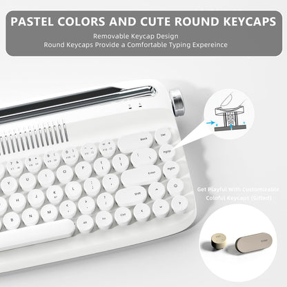 YUNZII Upgraded Wireless Typewriter Keyboard,with Retro Integrated Stand,USB-C/Bluetooth,Cute Round Keycaps, USB-C/Bluetooth Connection for Table, Phone, PC and Win/Mac/Android (B309, Baby Pink)