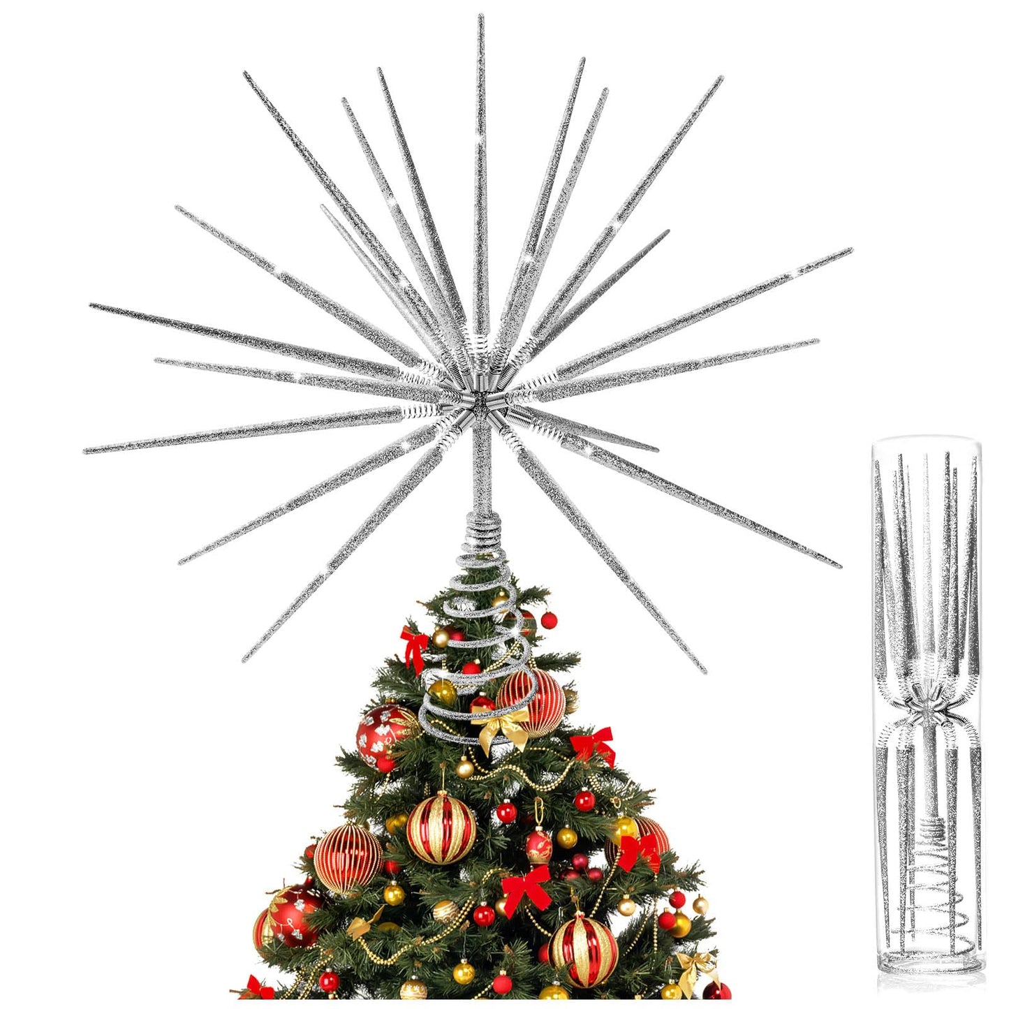 Silver Christmas Tree Topper 13.7 Inch - No DIY Silver Star Burst Tree Topper, Exploding Star Christmas Tree Decorations