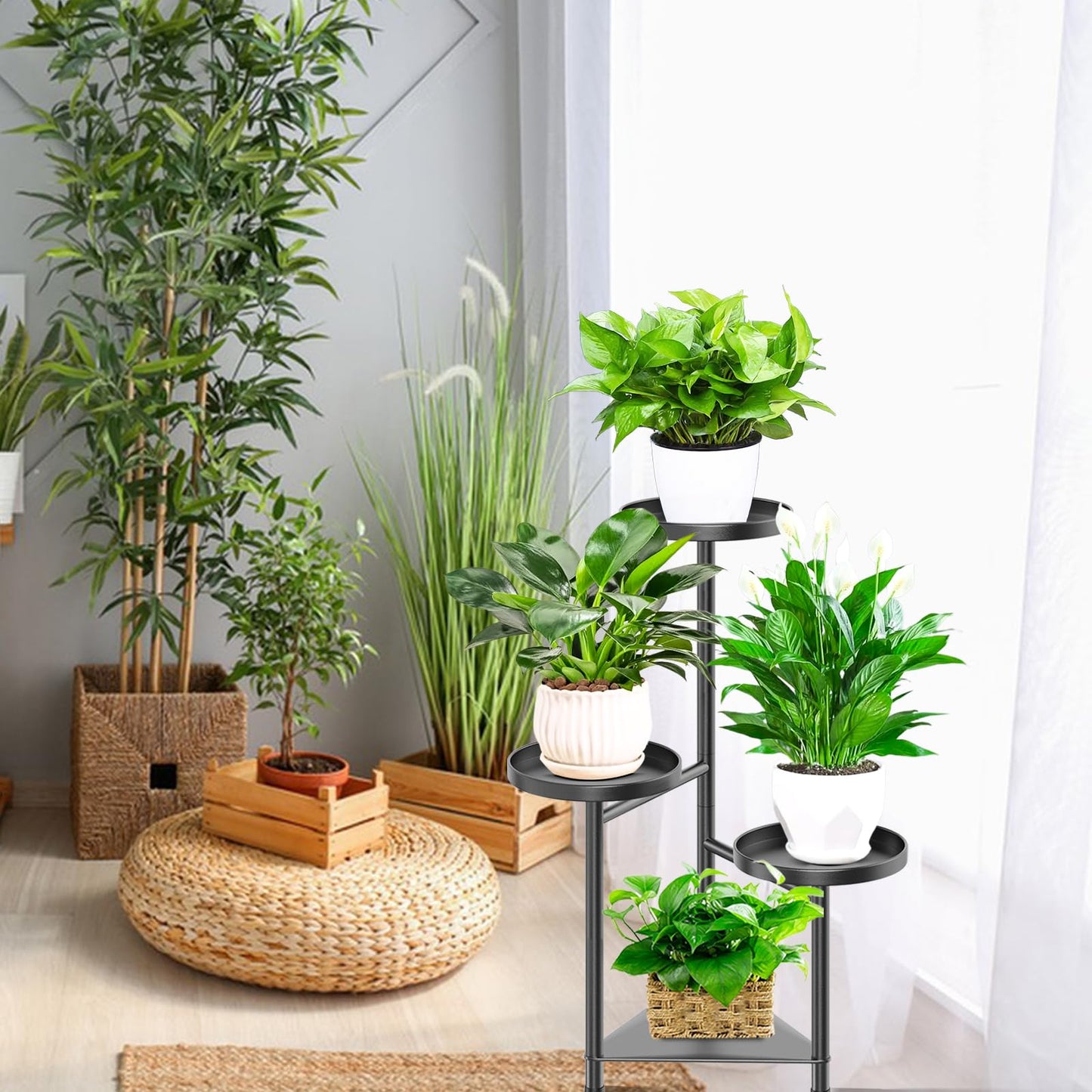 KHayRovies 4 Tier Plant Stand Indoor Flower Shelf, Metal Flower Pot Stands for Indoor Plants, Black Corner Tall Plant Display Holder for Patio Garden Living Room Balcony Bedroom