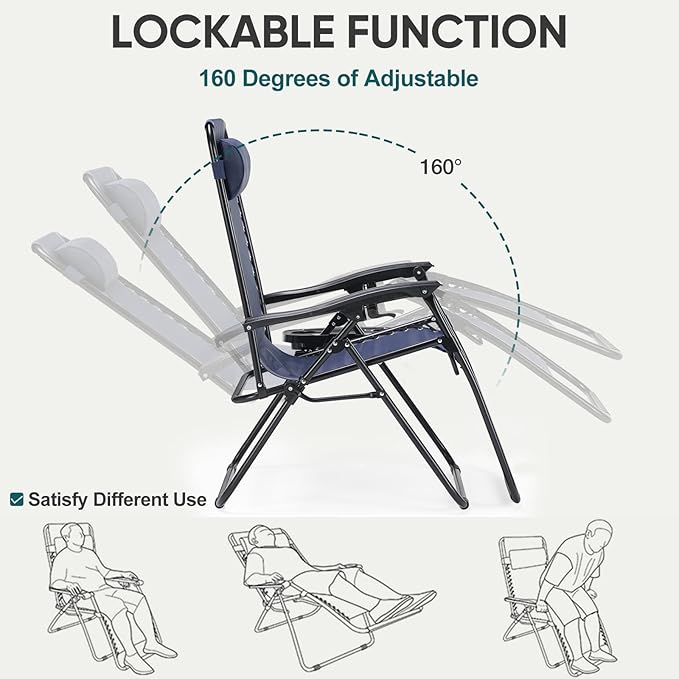 NEWBULIG Zero Gravity Chair Set of 4, Lounge Chair Folding Portable Adjustable Camping Reclining Chairs with Adjustable Pollow, Mesh Back, Cup Holder Trays Lawn Patio Chair for Pool Beach - Blue