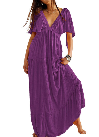 Kikibell Women Summer Dresses Sexy V-Neck Maxi Dress Tiered Silhouette with Flutter Sleeve Backless Elastic Waist Flowy Dress
