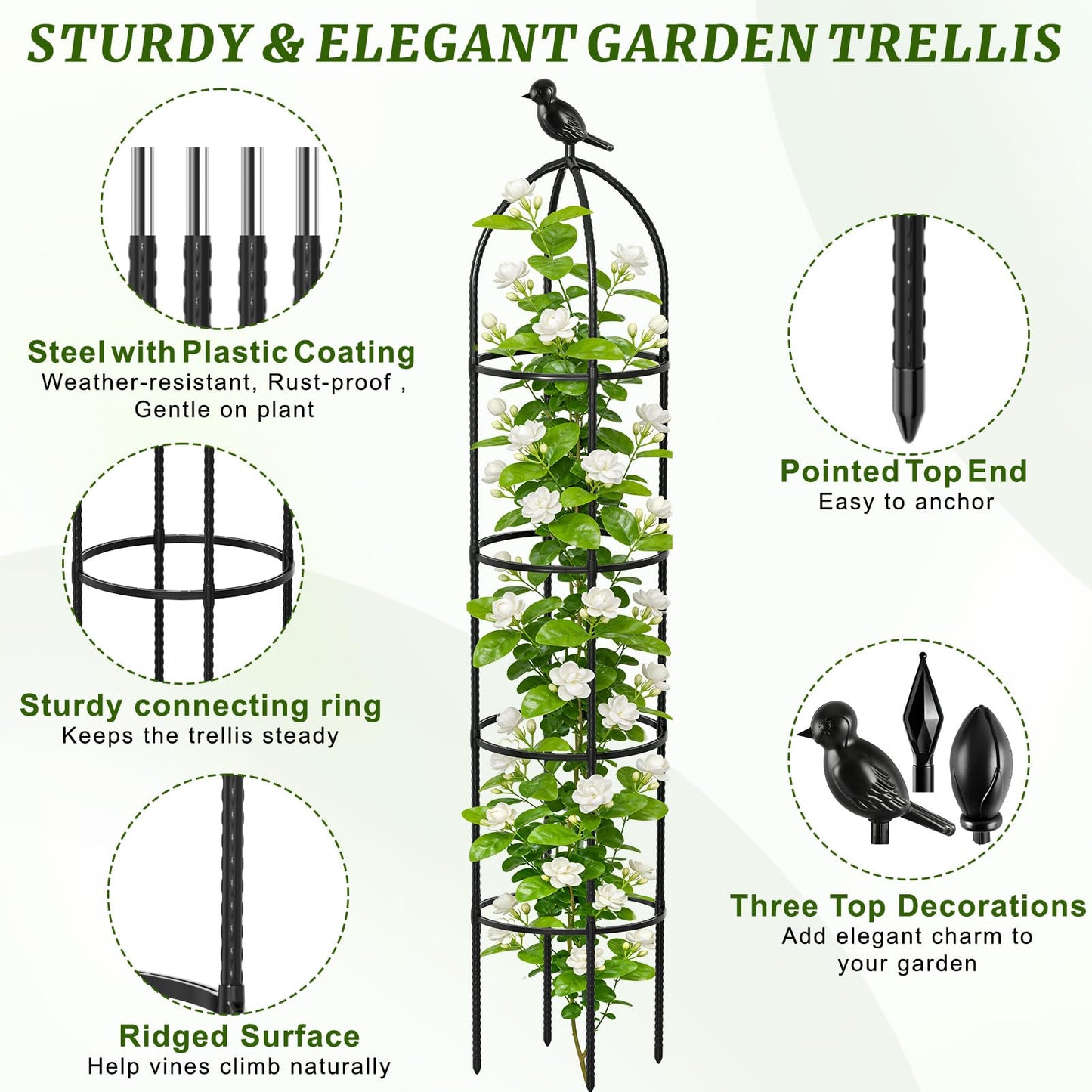 Fabulas Obelisk Trellis for Climbing Plants, 6 Ft Garden Obelisk Trellis Rustproof Plastic Coated Metal Vine Plant Support Cage for Pots, Morning Glory, Clematis, Rose, Indoor and Outdoor Use, 1 Pack