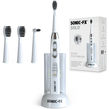 Sonic-FX Solo Electric Toothbrush - 3 Brushing Modes - with Intelligent Auto-Timer, Includes 2 Tooth Brush Heads, and 1 Interdental Head, Rechargeable, Electronic Charging/Storage Base (Black)