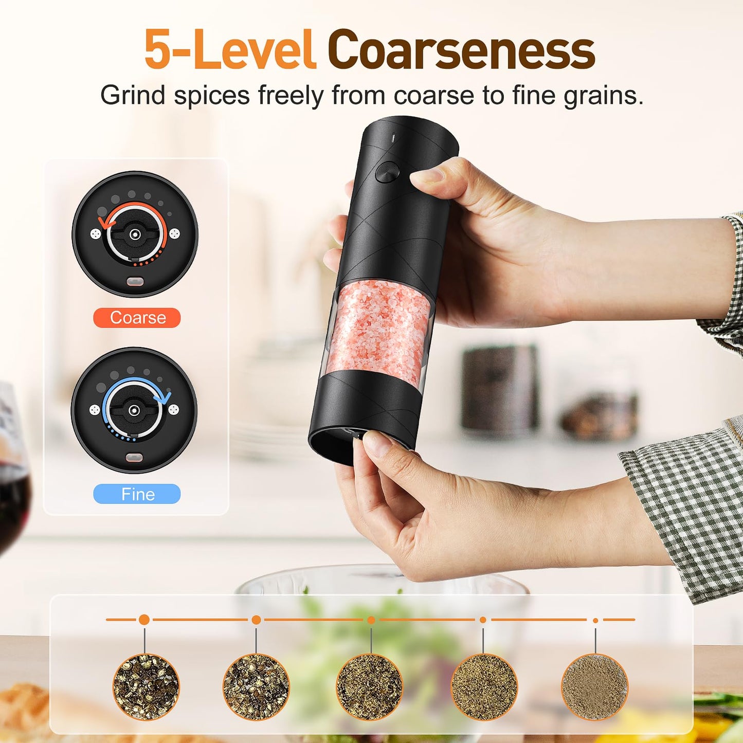 Rechargeable Electric Salt and Pepper Grinder Set, Automatic Salt and Pepper Shakers, Adjustable Coarseness Pepper Grinder with Led Kitchen and Home Appliances Gifts for Women(Blackwhite)