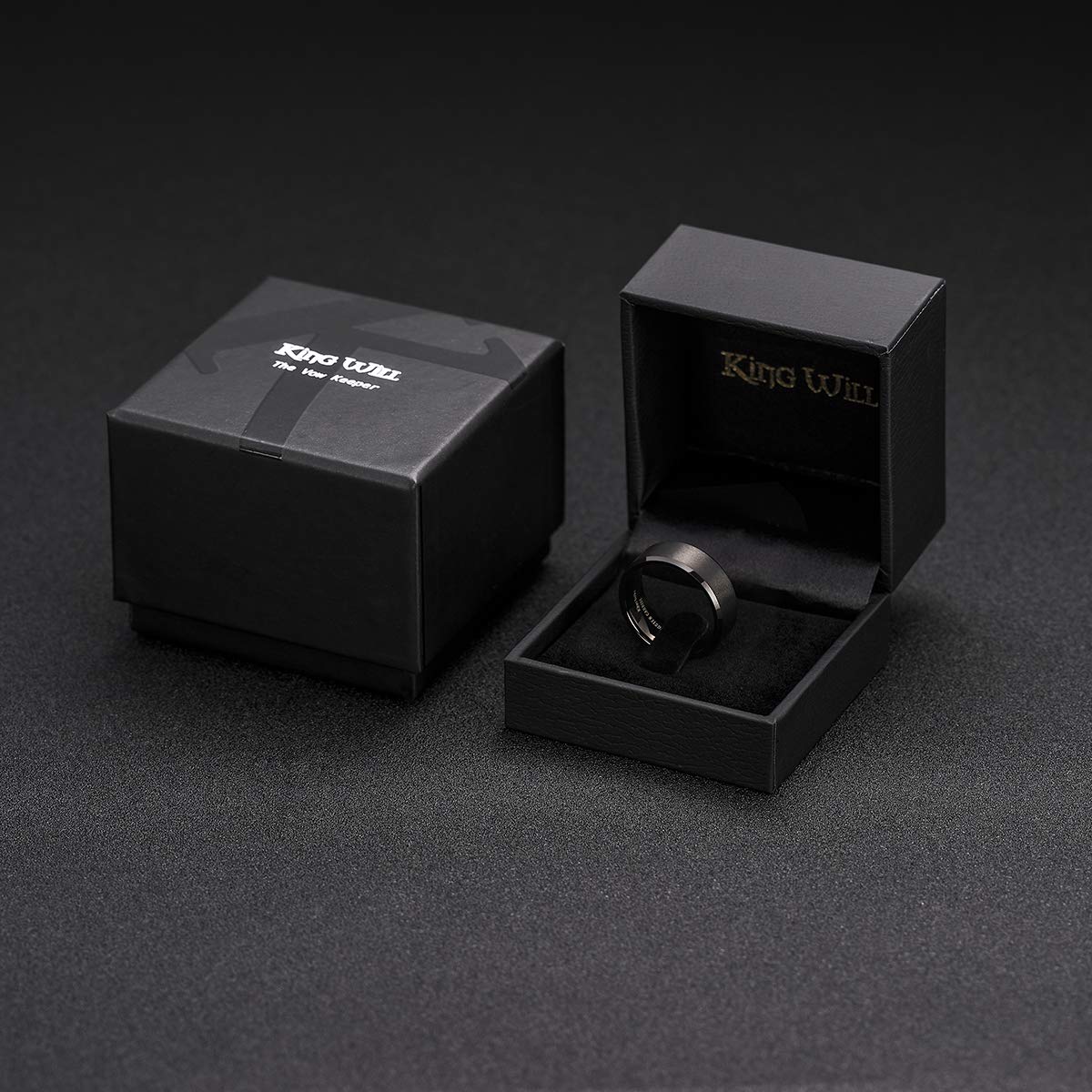 King Will 9mm Men's Black Wedding Ring - Brushed Matte Surface, Beveled Polished Edge, Comfort Fit Size 12