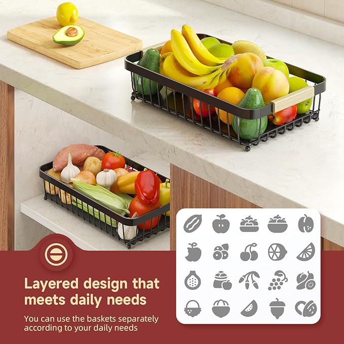 2 Tier Large Fruit Basket for Kitchen Counter