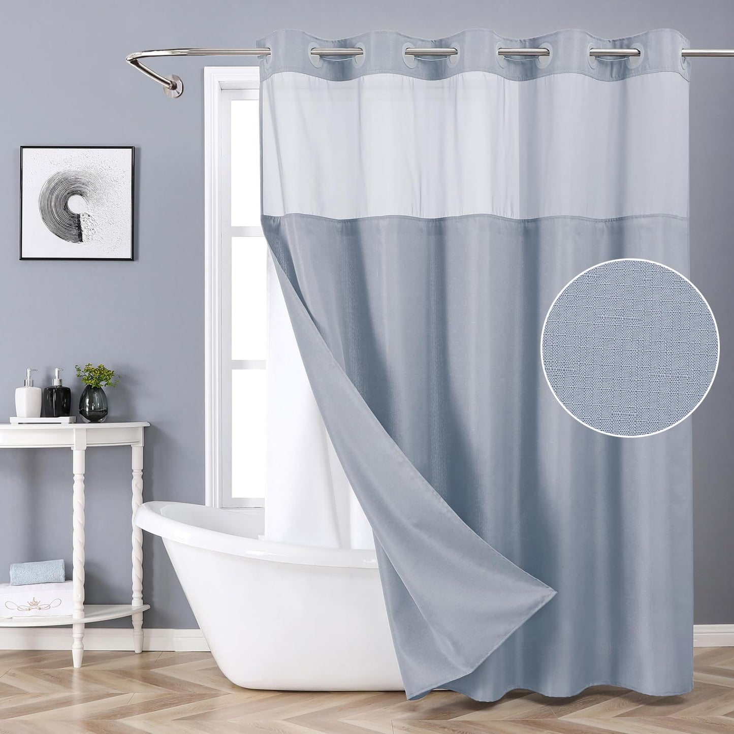 eachope Blue Long No Hook Shower Curtain with Snap-in Fabric Liner Set,Slub Textured Fabric Shower Curtains for Bathroom,Hotel Style Modern Shower Curtain,Water Repellent & Washable,71x80(78)