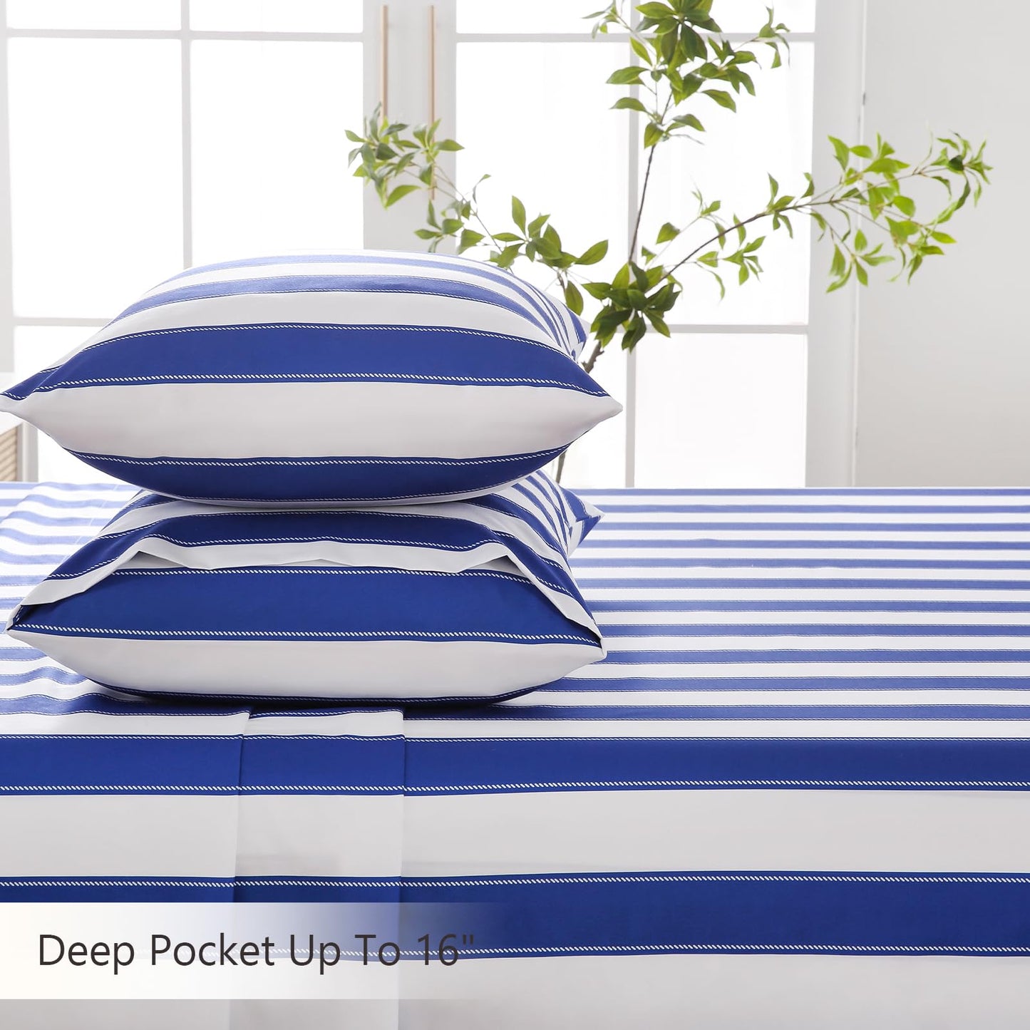 MCO 4Pieces Striped Sheets Set, Breathable Queen Sheet Set with 16" Deep Pocket,Modern & Luxury, Brushed Microfiber Bedding Set(Queen, Navy Blue)