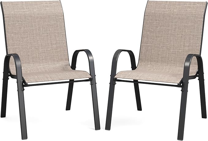 Patio Dining Chairs Set of 2, Outdoor Stackable Chairs, Breathable Seat and Alloy Steel Frame Fit for Backyard,Garden,Porch, Lawn，Poolside (Light Brown)