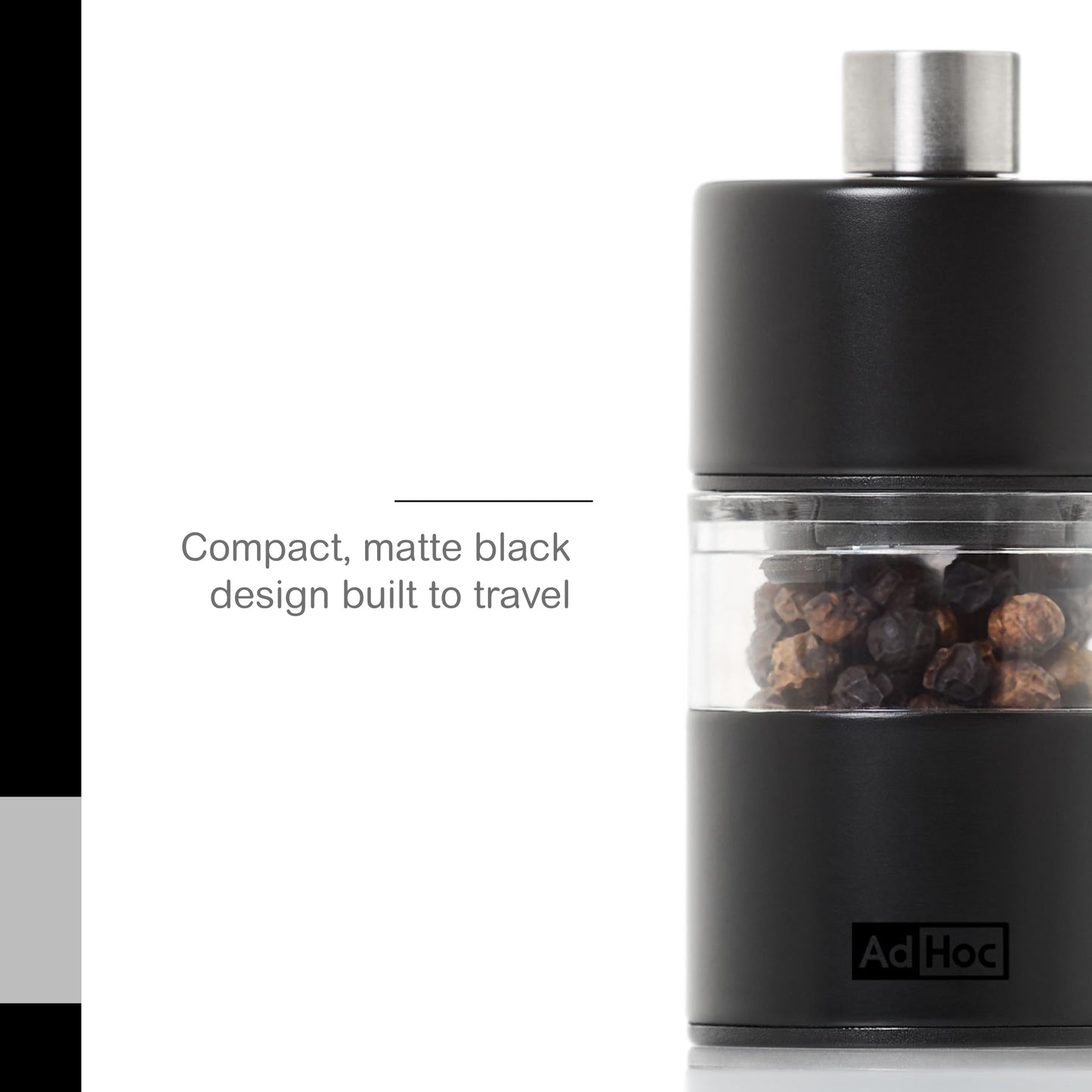 AdHoc Mini Salt & Pepper Mill - 2-in-1 Refillable Salt & Pepper Grinder Set - Features Adjustable Mechanism & Ceracut Ceramic Grinder (Black)