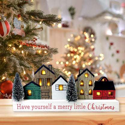 Christmas Decorations for Home Led Lighted Merry Christmas Tree Decor with Timer Wooden Rustic Farmhouse Tabletop Block Xmas Party Holiday Signs