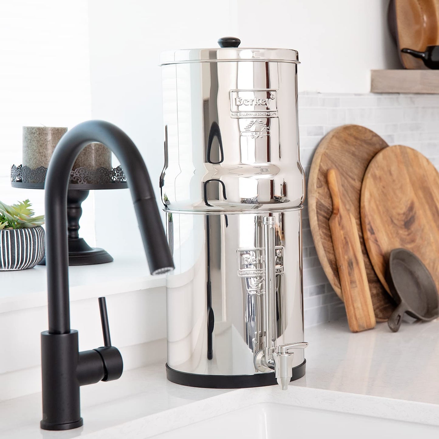 Big Berkey Gravity-Fed Water Filter System with 2 Black Berkey Elements Plus Deluxe 7" Stainless Steel Water View Spigot