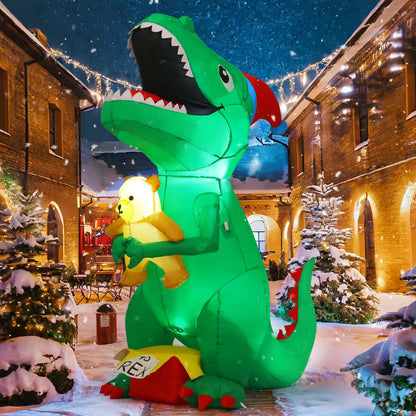 GOOSH 6.5 FT Christmas Inflatables Dinosaur Outdoor Decorations Blow Up Yard T Rex with Xmas Hat Holding a Bear with Built-in LEDs for Garden Lawn Indoor Party Décor
