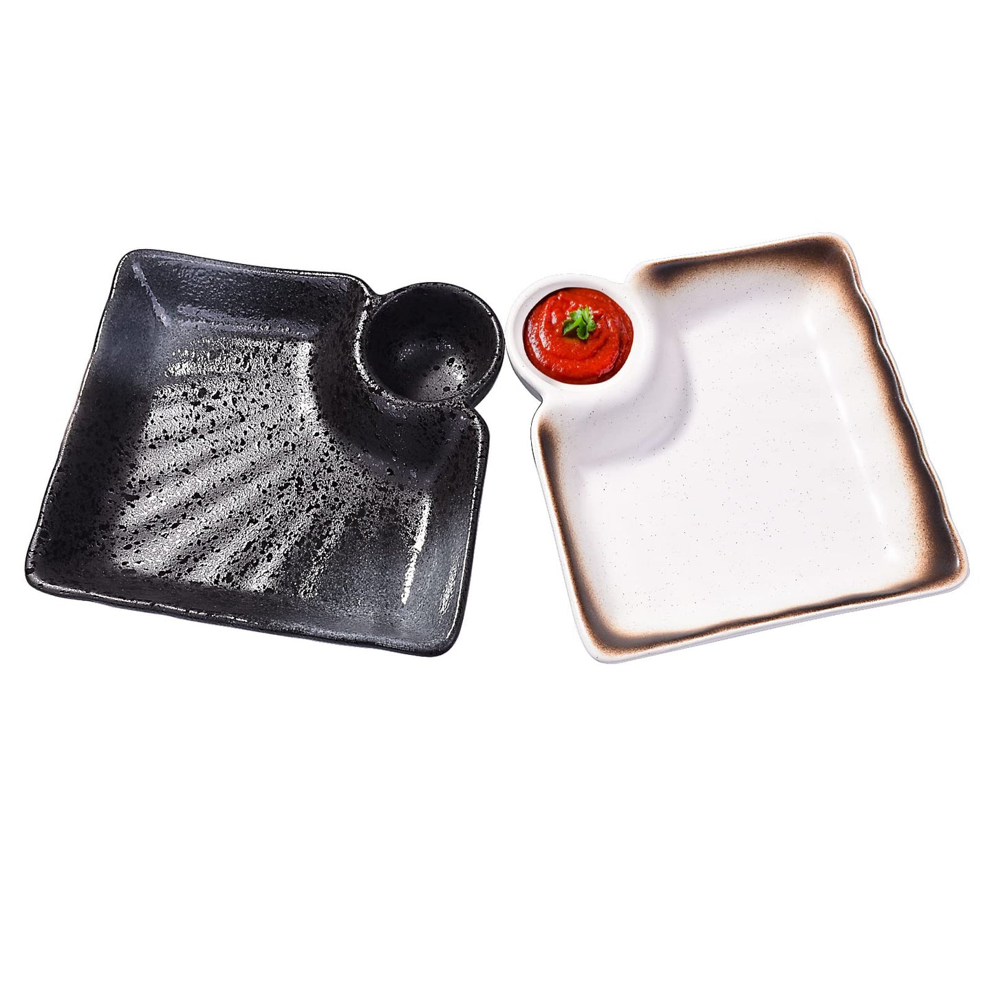 LMRLCS Ceramic Dumpling Plates Set of 2-7.4 Inch Divided Serving Trays with Sauce Compartment - Japanese Style Sushi Plates for Appetizers & Side Dishes, Microwave & Dishwasher Safe, Black & White