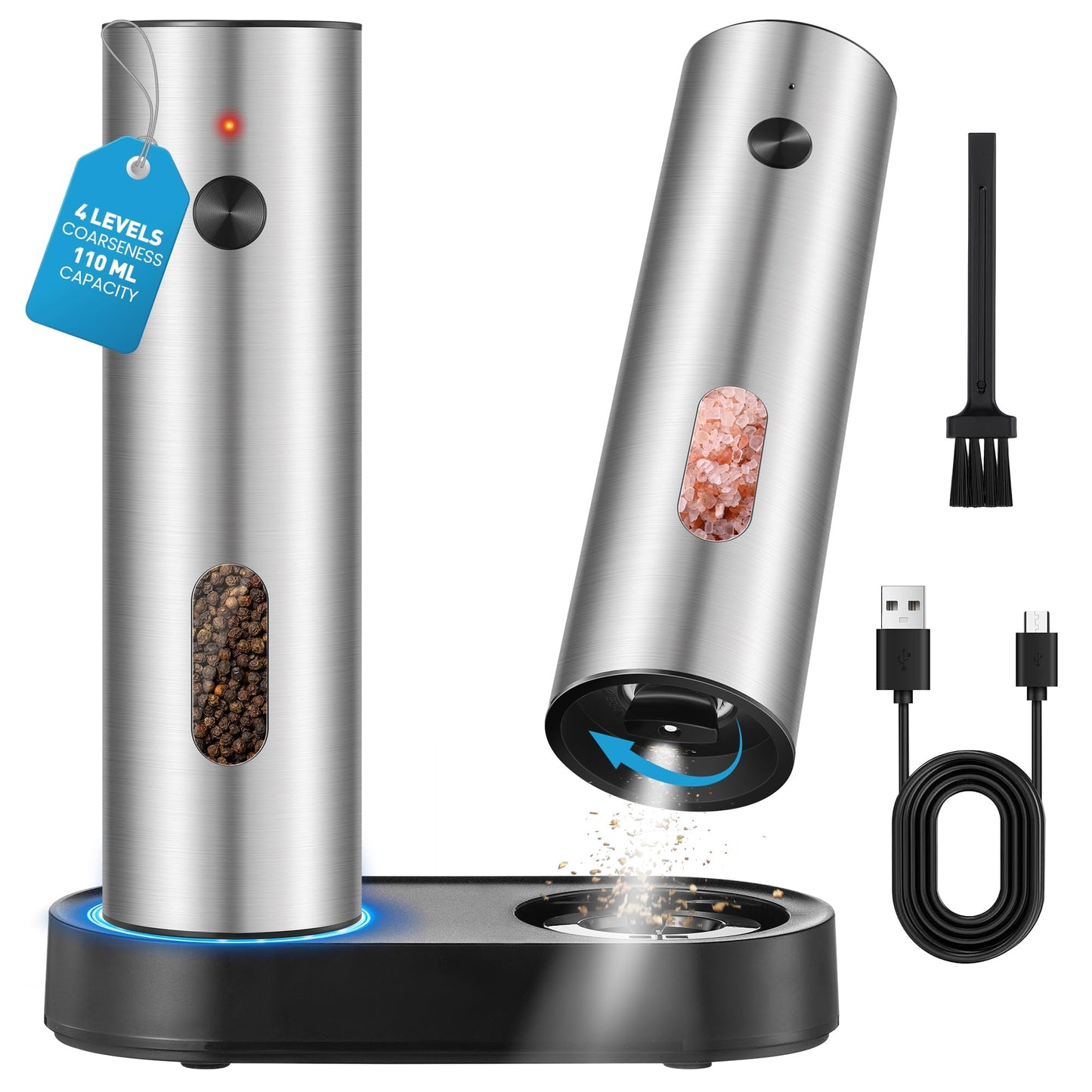 CapyBud Electric Salt and Pepper Grinder Set, 110 ml Rechargeable Automatic Salt and Pepper Shakers with Adjustable Coarseness Charging Base LED Light Ceramic Grinder Core for Kitchen Outdoor Gift