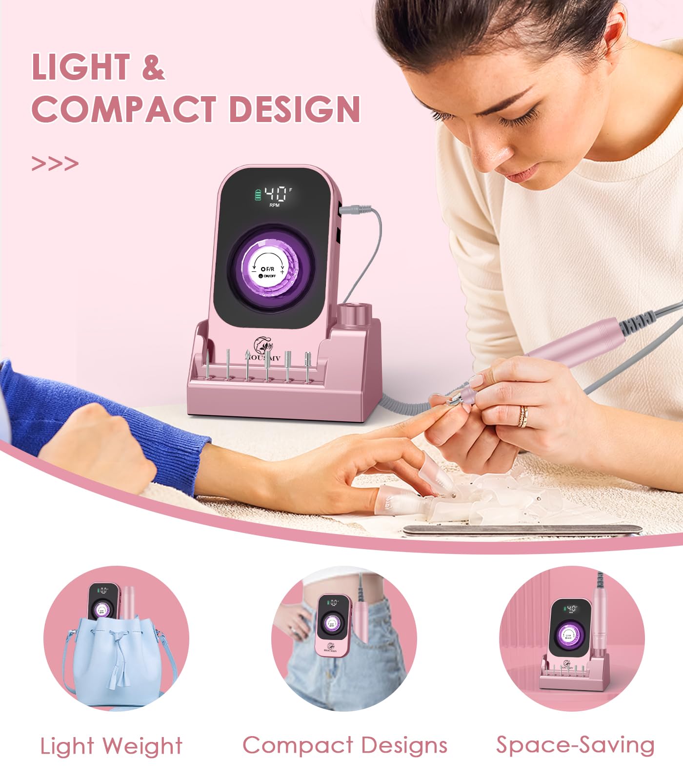 Portable Nail Drill Electric File: 40000RPM Professional Rechargeable Nail E-File Machine, Cordless Nail Drill with Bits & Base for Acrylic Nails Remove Nail Gel Polish Manicure for Salon Home, White