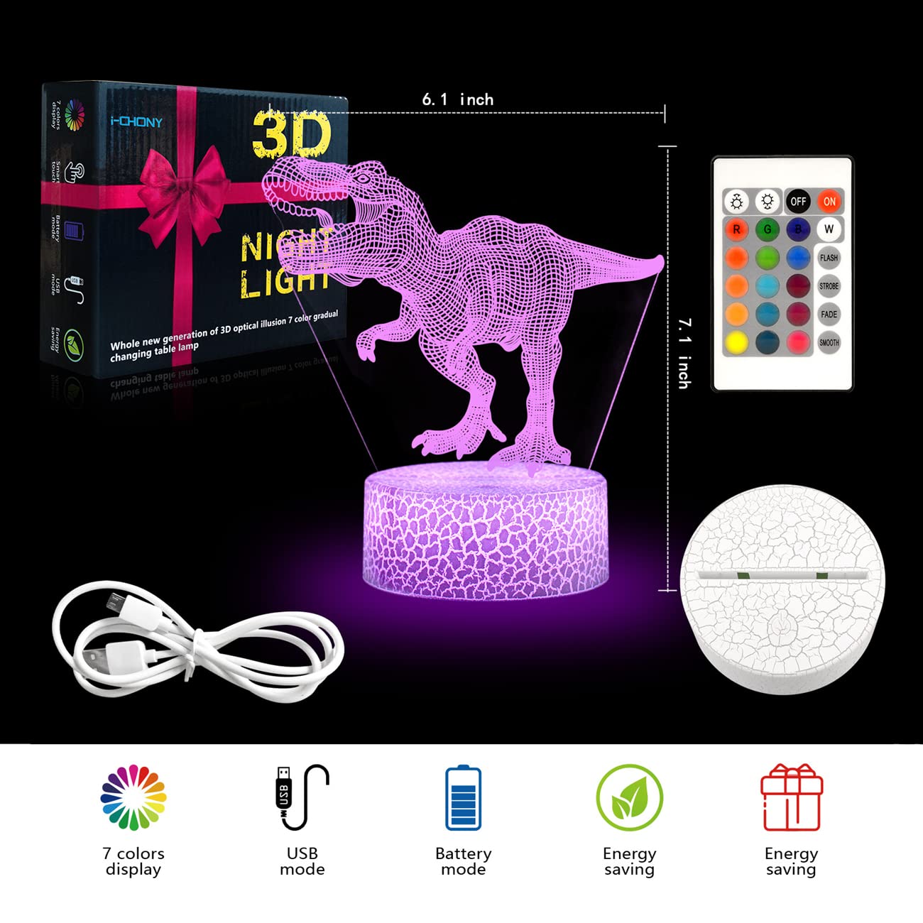 i-CHONY Dinosaur Night Light, 3D Illusion Lamp, 16 Colors