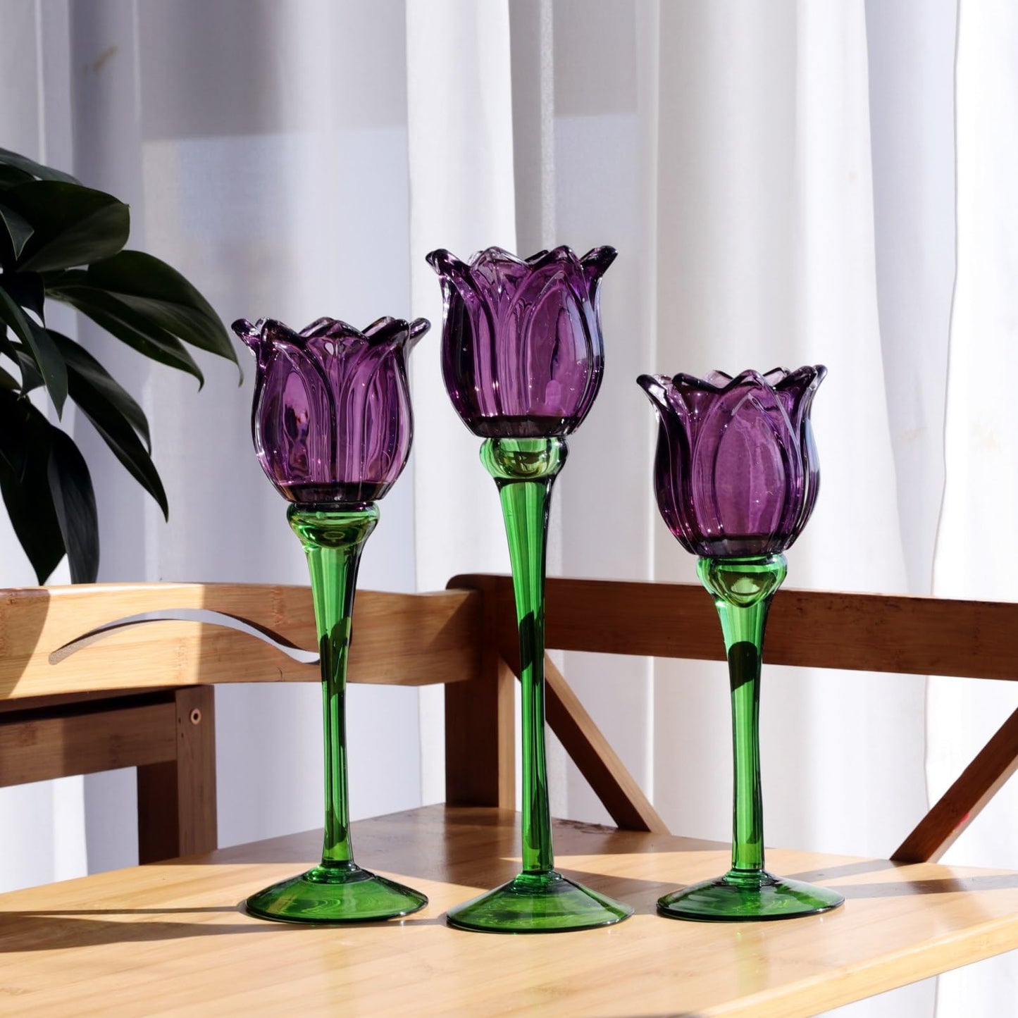 VOHO Purple Tulip Tealight Candle Holder Set of 3, Glass, Purple, Floral, Holidays, Wedding, Romance, Easter, Halloween, Thanksgiving, Christmas, Anniversary & Engagement, Tabletop, 3.15'' x 10.83''