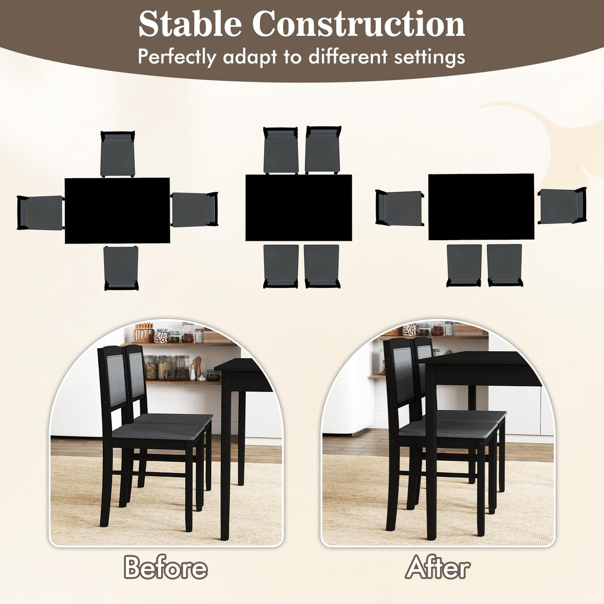 Tangkula Dining Table Set for 4, Farmhouse Solid Wood Dinette Set w/Rubber Wood Legs, Upholstered Seat & Padded Backrest, Mid-Century Modern Dining Table and Chairs Set for Kitchen, Dining Room