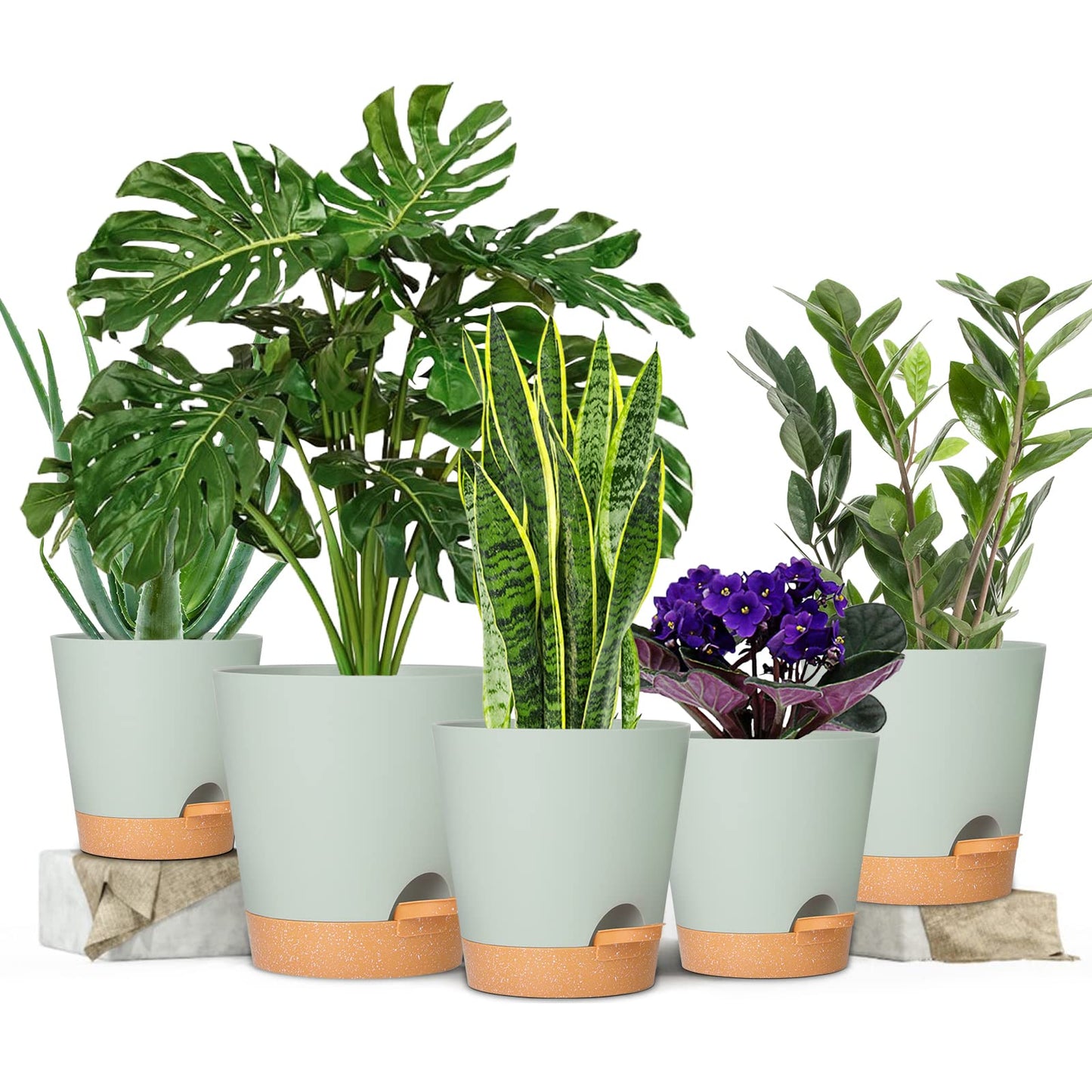 GARDIFE Plant Pots 7/6.5/6/5.5/5 Inch Self Watering Planters with Drainage Hole, Plastic Flower Pots, Nursery Planting Pot for All House Plants, African Violet, Flowers, and Cactus,Green