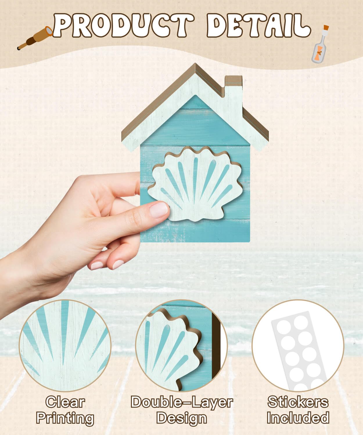 Putuo Decor Coastal Tabletop Decor Set of 3, Beach House Nautical Figurines with Seahorse Shell Starfish, Ocean Farmhouse Shelf Sitter for Bathroom, Living Room, Mantel, Tiered Tray