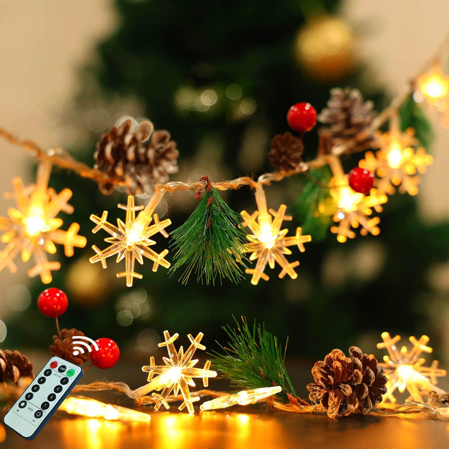Christmas Garland with Snowflake Lights, 30 Led 10ft Battery Operated 8 Lighting Modes Timer Pine Cones Red Berry Garland Indoor Outdoor Office Decor Xmas String Light Mantle Decorations Warm White
