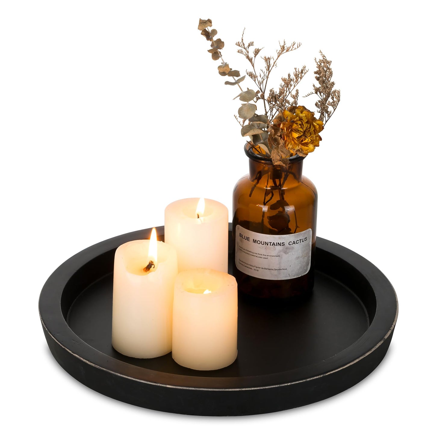 Hanobe Candle Plate Holder Tray: Round Wood Decorative Candle Plate - Rustic Farmhouse Coffee Table Decor - Tealight Pillar Trays for Home Decor (Black)