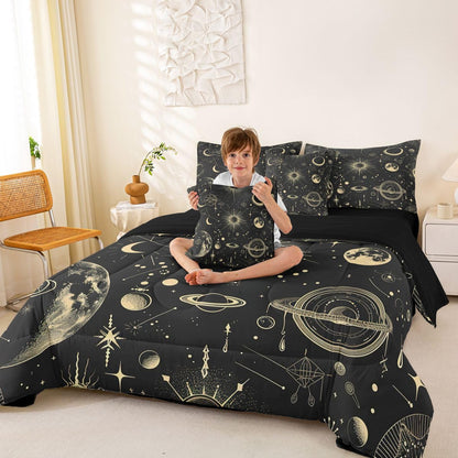 Erosebridal Galaxy 7 Piece Bedding Set Queen Sun Moon Comforter Set with Sheets Starry Sky Bed in A Bag Grunge Style Bed Sets with 2 Pillowcases, 2 Throw Pillow Covers