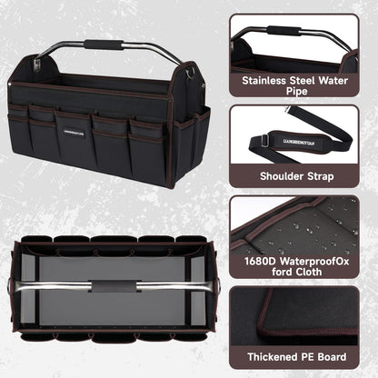 20 In Tool Carrier, Open Top Tool Tote 30 Pockets, Waterproof Tool Bag For Men, Foldable Wide Mouth Electricians Tool Bag, With Stainless Steel Handle and Removable Shoulder Strap