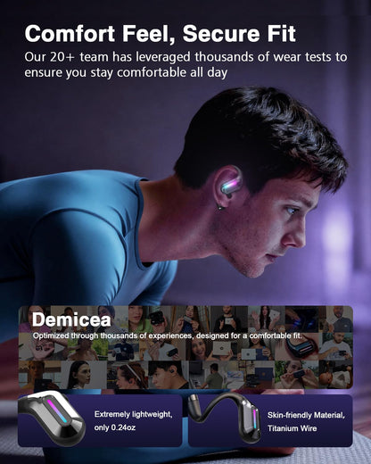 DEMICEA True Bone Conduction Headphones,Open-Ear Headphones,Up to 30H Playtime with Charging Case,Aurora Mode(RGB Light) IP68 Water-Resistant, AAC/SBC,Perfect for Night Running and Cycling