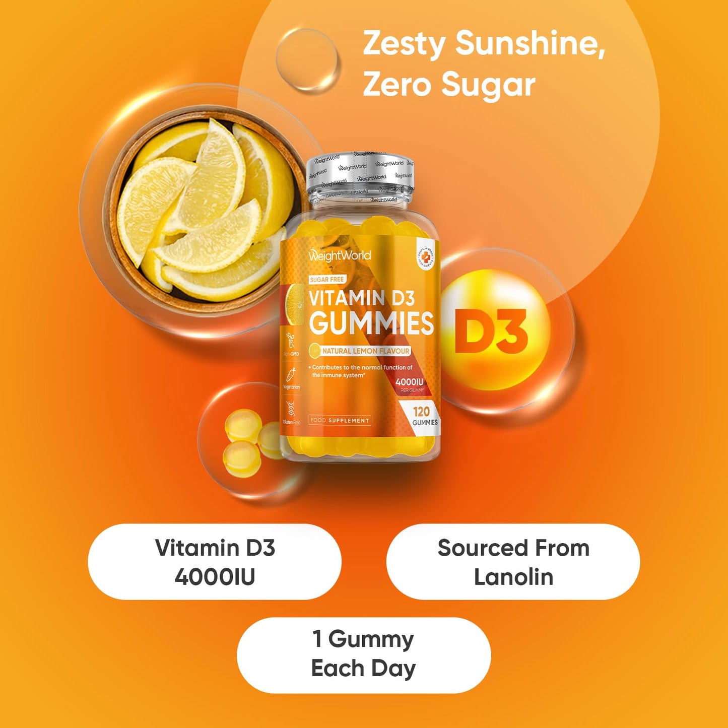 WeightWorld Vitamin D3 4000IU | 120 Vegetarian Gummies | 4 Months Supply | Natural Lemon Flavour VIT D Gummies | Sugar-Free & Gluten-Free Gummies | GMP Approved | Vitamin D Supplements