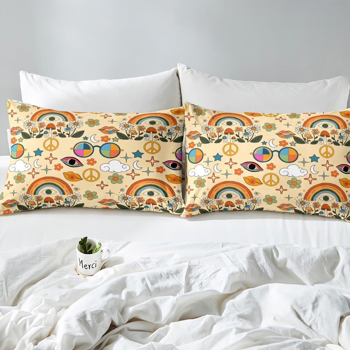 Castle Fairy Retro 70s Hippie Style Bed Sheet Set Twin Size,Mushroom Fitted Sheet + 1 Flat + 1 Pillow Sham,Rainbow Floral Stars Moon Bedding Set for Kids Boys Xmas Gift, Soft Fabric
