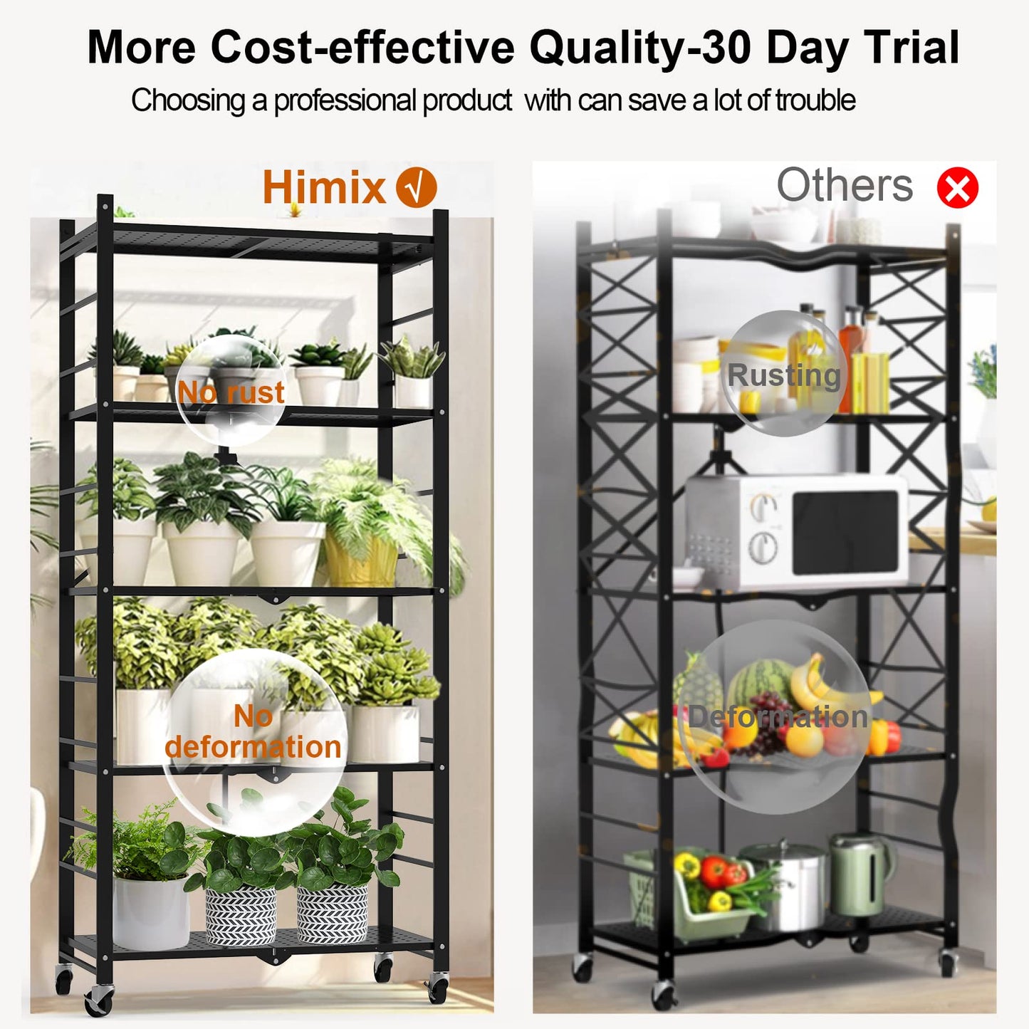 Himix Storage Shelves with Hooks, No Assembly Metal Folding Shelf on Wheels for Kitchen