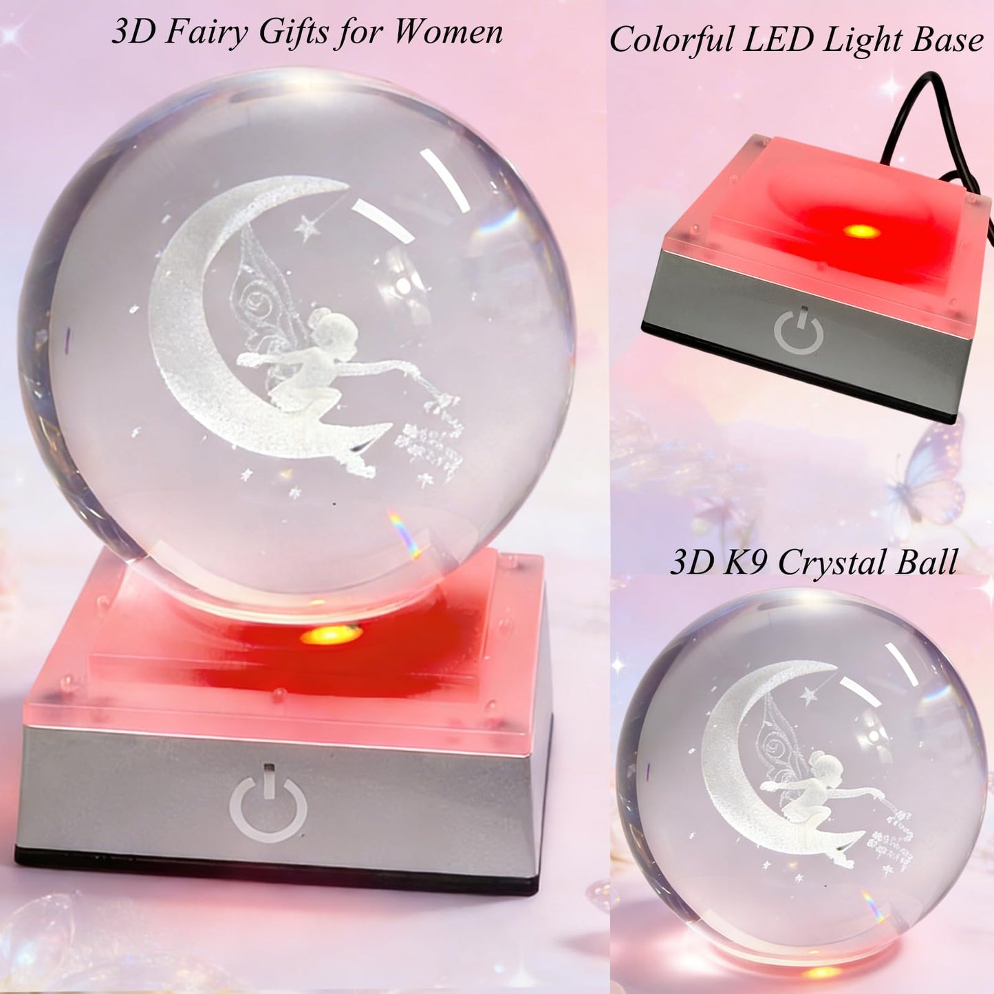 Crystal 3D Fairy 3.15in Glass Sphere Figurine Gifts for Women With LED Base
