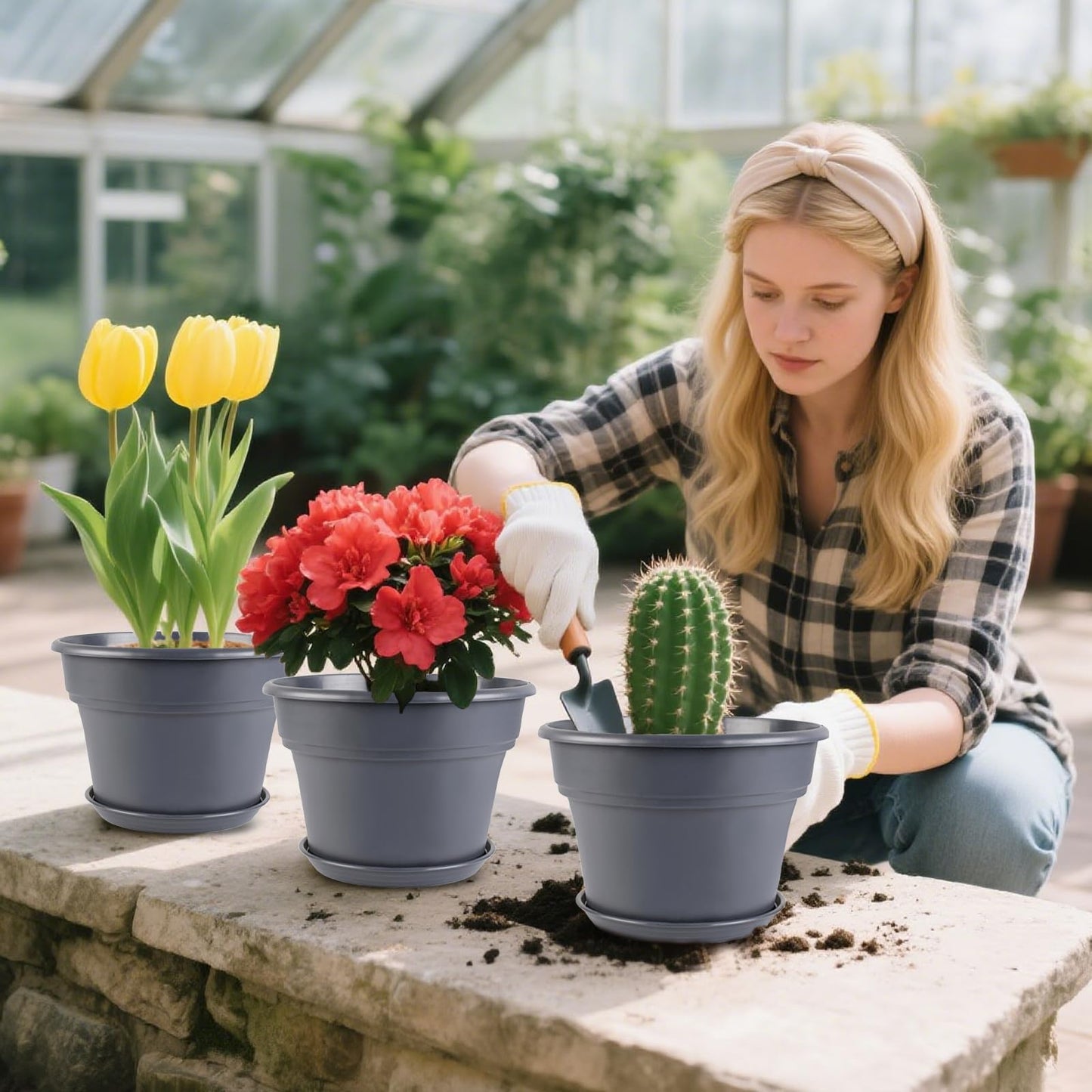 Myfeegoin 13-inch-Plant-Pots, 4 Pack Large Planters for Outdoor Plants, Plastic Flower Pots Indoor with Drainage Holes & Trays, Classic Garden Pot Container for House