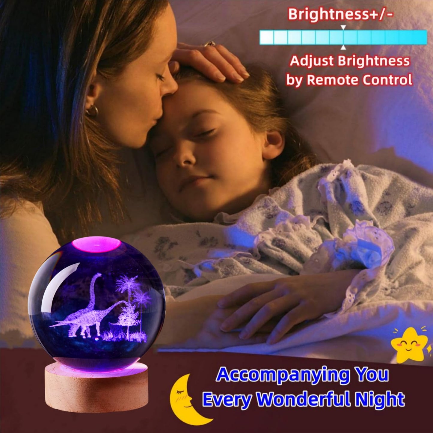 LGY3DLight 3D Dinosaur Crystal Ball Lamp with Remote Control, 3.15 inch Crystal Night Light with Wooden Base 16 Colors Change, Glass Figurine Lamp Gift for Girls Boys Wife Girlfriend Mom (Dinosaur)
