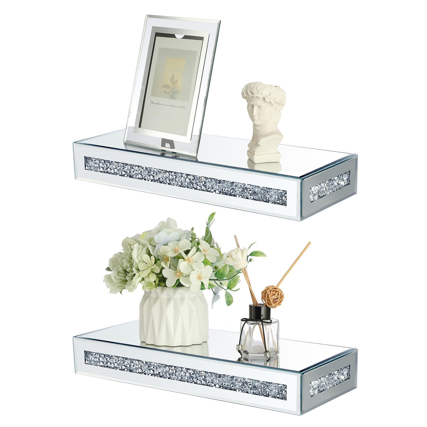 Sumnacon Mounted Floating Shelves 2 Pcs Crushed Diamond Display Shelves for Wall Stylish Floating Wall Shelf for Plants Mirrored Glass Floating Shelf for Living Room,Bathroom Decor