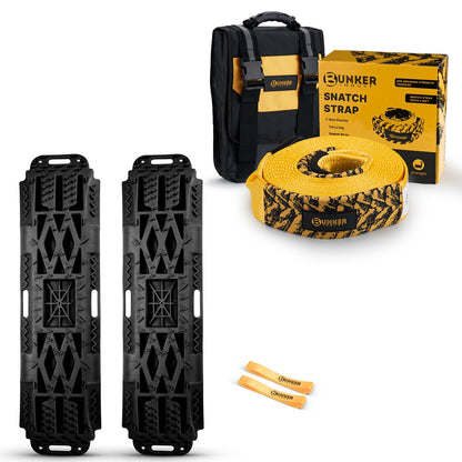 BUNKER INDUST Traction Boards with Jack Lift Base Black(Gen 2) + 3" x 30ft Tow Strap with Bag Recovery Kit
