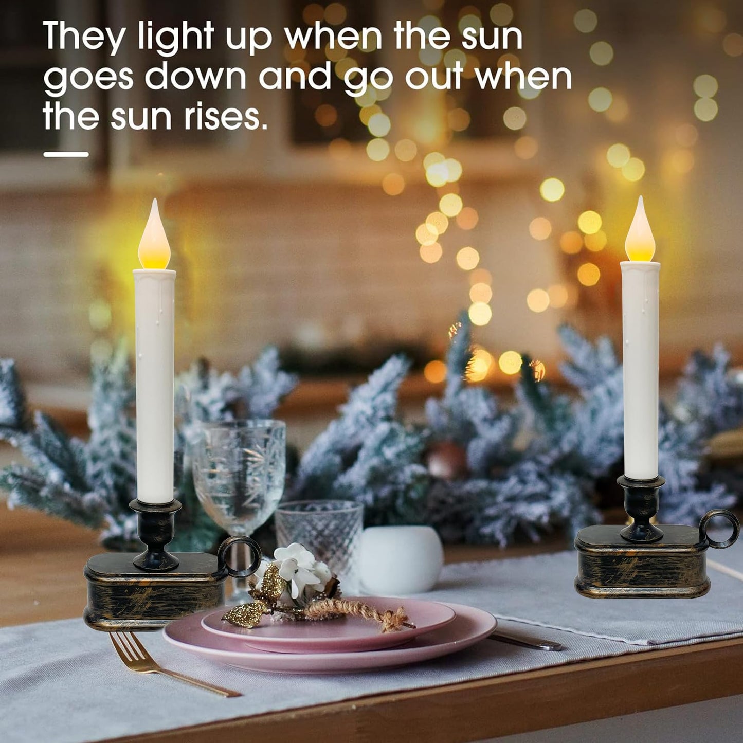 4 Pcs Christmas Window Candles with LED Electric Candles Flickering Lights, 10 Inch Battery Operated Candle with Sensor Dusk to Dawn for Table Party Christmas Decoration,Bronze Base