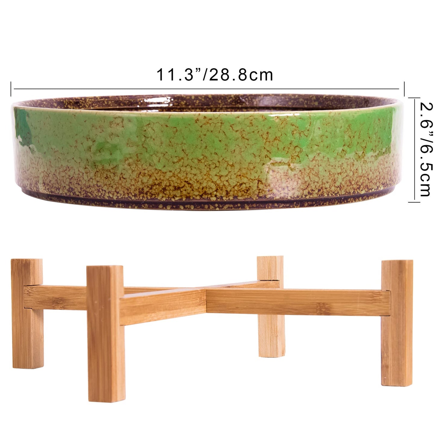 ARTKETTY Succulent Planters - 11 Inch Large Succulent Pots with Drainage, Ceramic Bonsai Pots with Bamboo Stand Shallow Planters for Indoor/Outdoor Plants Modern Cactus Flower Planter Bowl (Green)