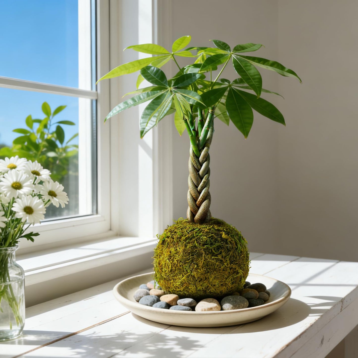 Live Plant Money Tree Kokedama, Easy to Grow, A Living Moss Ball Plant for Home Office Decor, Unique Gift